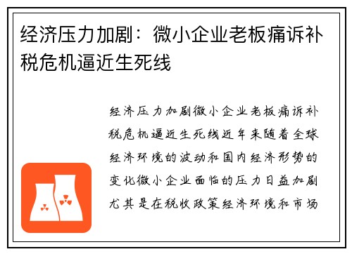 经济压力加剧：微小企业老板痛诉补税危机逼近生死线